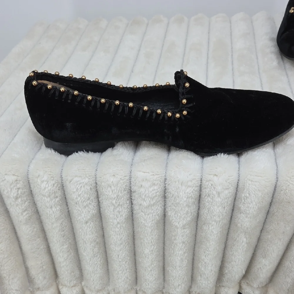 Ramon Tenza Black Velvet Slip-On Loafers with Gold Stud Accents